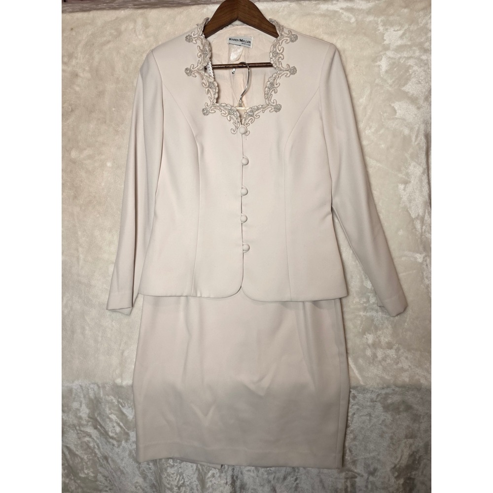 Karen Miller New York Cream Skirt Suit Set Embroidered Beaded Size 8 Vintage